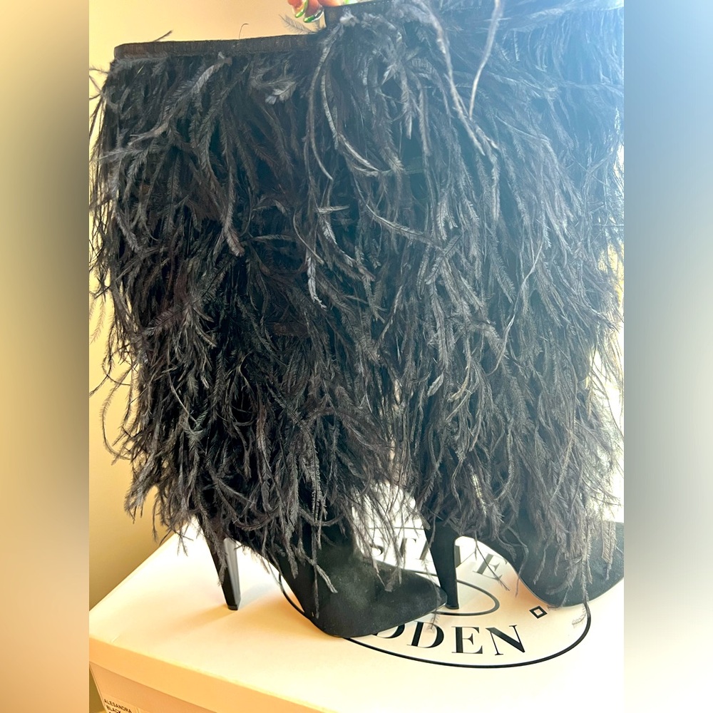 Steve Madden Alexandra Black Feather Knee Boot